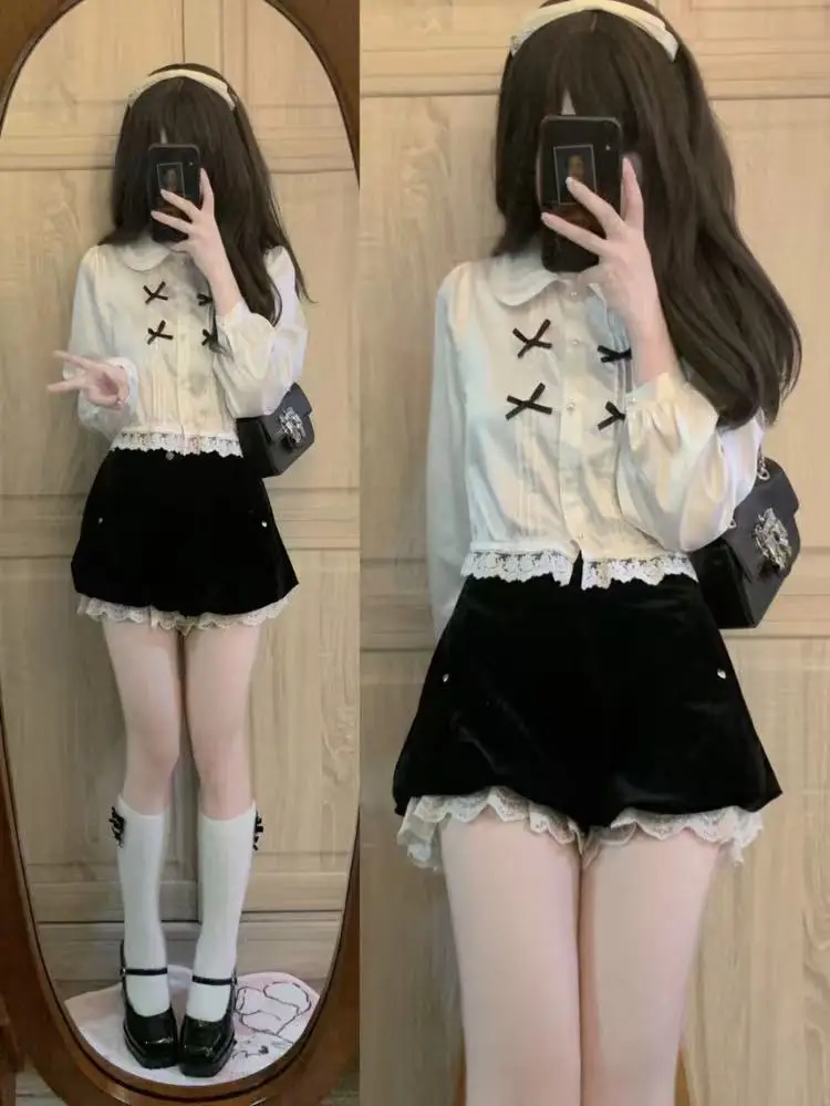 Japanese Sweet Preppy Style Doll Collar Long Sleeve Bow Shirt Top Lace Splice High Waist Slim Shorts Two-piece Set Women Spring