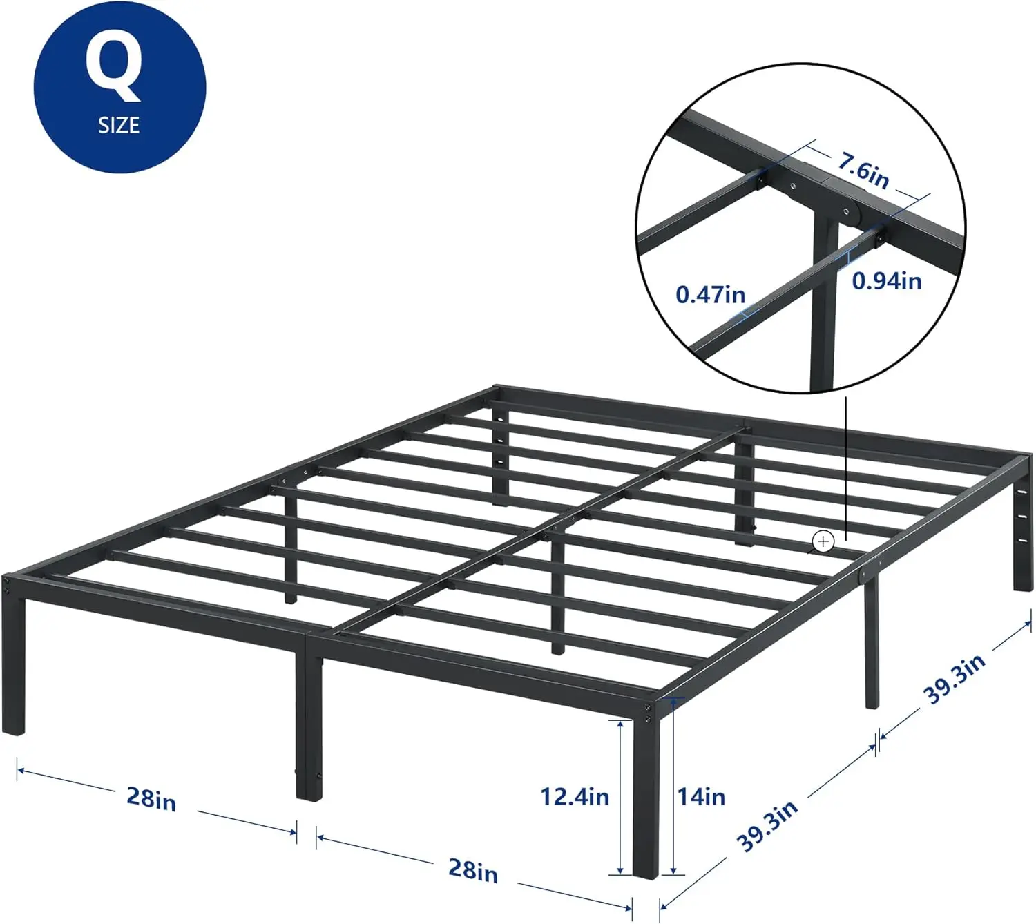 14 Inch Heavy Duty Steel Slat Anti-Slip Support, Easy Assembly Platform Bed Frame, Noise Free Steel Mattress Foundation, Maximum