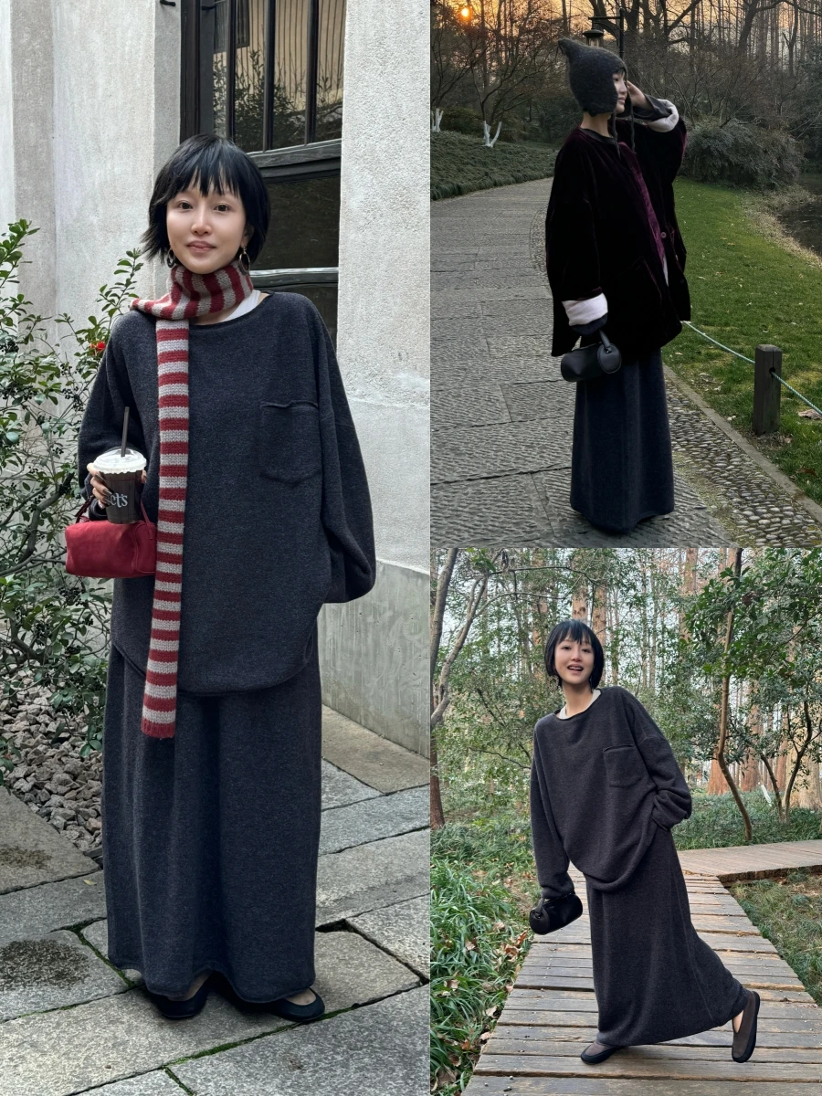 

Комплект Owi: двусторонний флисовый самонагревающийся топ свободного кроя с необработанным краем и облегающая юбка. Мгновенное тепло, повседневный стиль, зимний вариант.