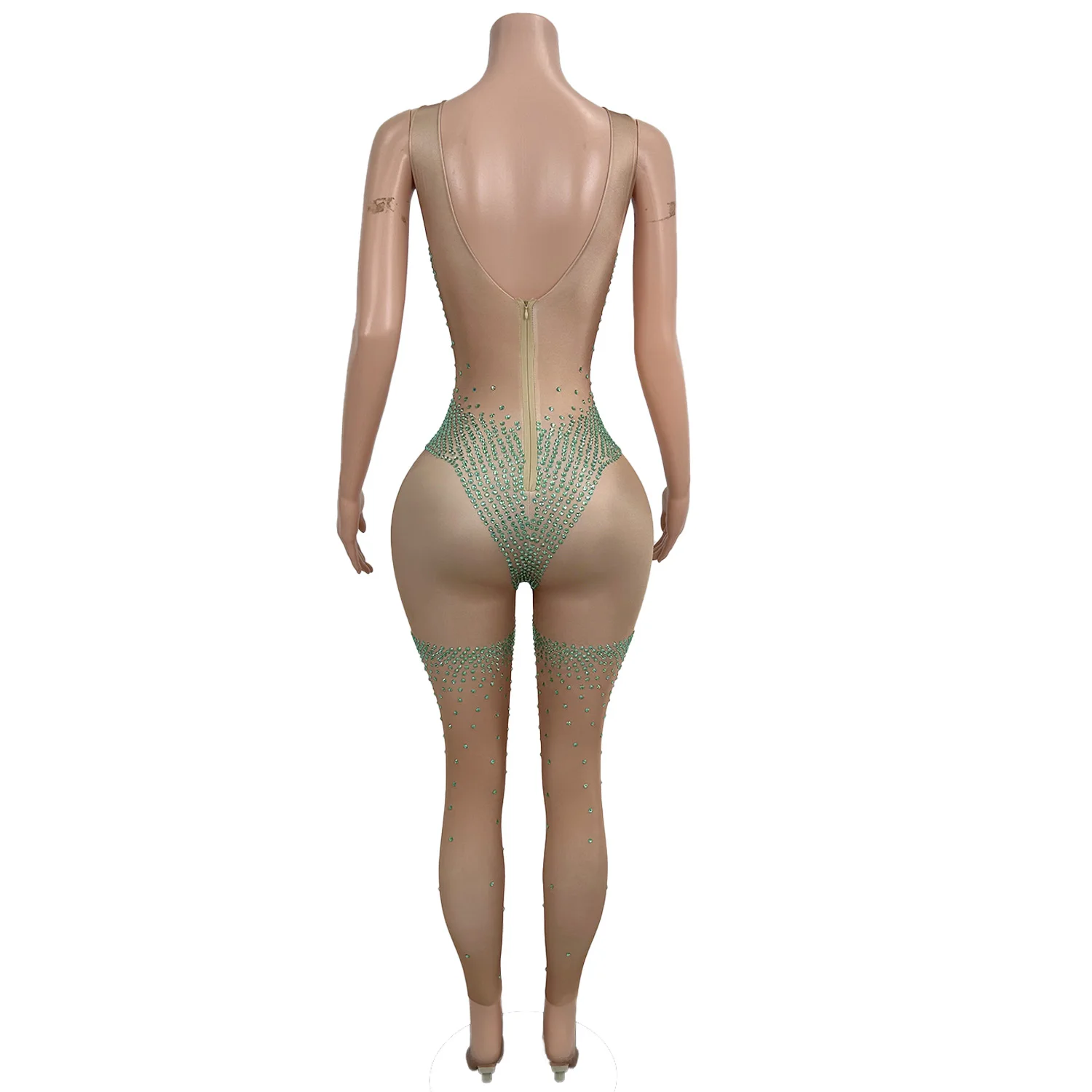 Sparkly Green Rhinestone Sleeveless Jumpsuit Birthday Celebrate Nightclub Party  See Through Mesh Jumpsuit Bar Club Sexy Outfit