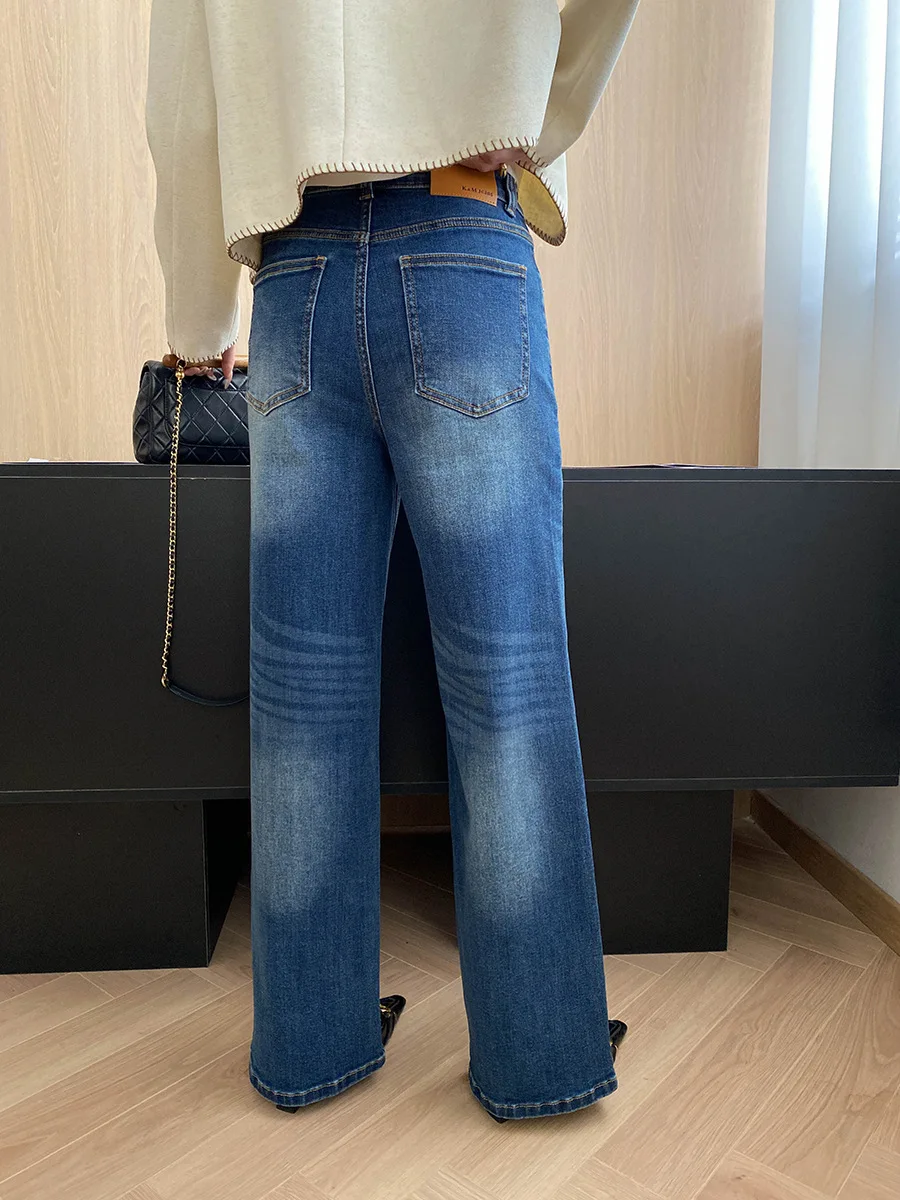 Wczesnojesienne nowe retro polerowane białe sprane postarzane jeansy z wysokim stanem, proste nogawki, szerokie nogawki, wyszczuplające.