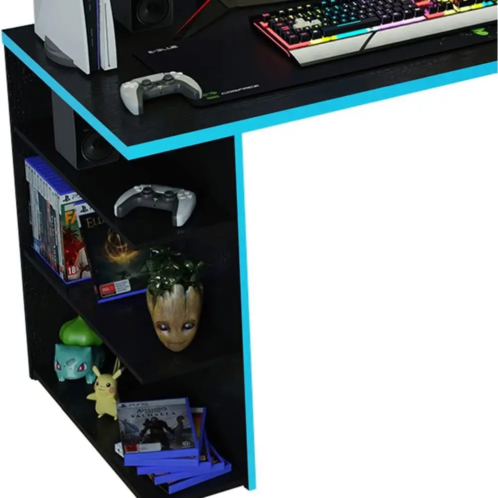 53 مكتب ألعاب مع 5 أرفف، إدارة كابلات، للدراسة والمكتب المنزلي والأطفال والكبار - أسود/أزرق