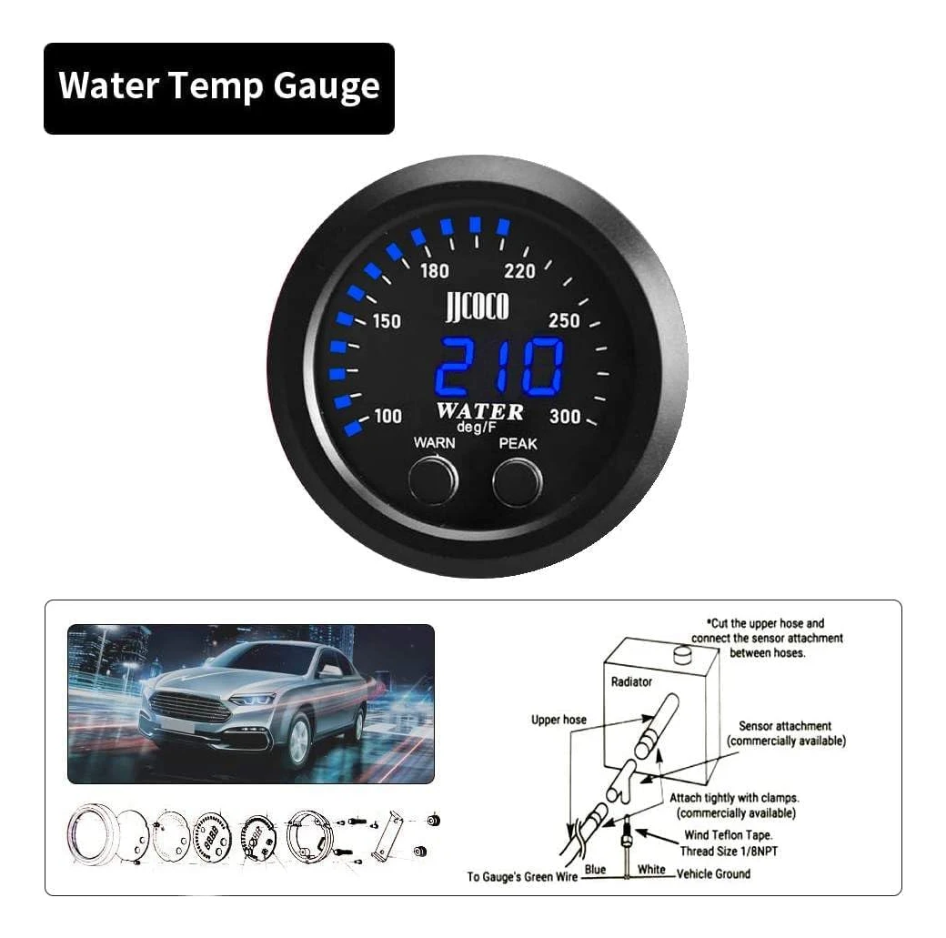 52 مللي متر السيارات 12 فولت/24 فولت مقياس درجة حرارة الماء رقيقة جدا مع 1/8 Npt الاستشعار وقوس عرض ملون درجة الحرارة 100-300F (40 ~ 187C) #4