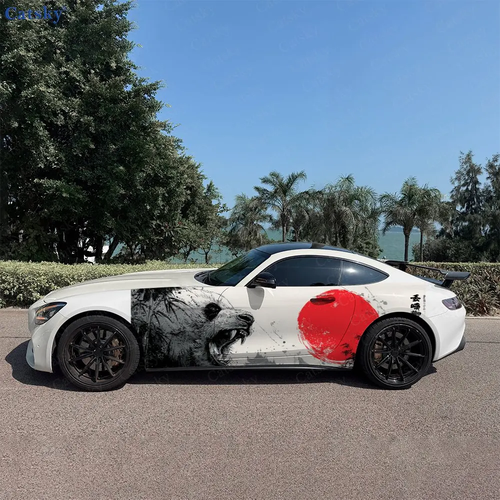 2pcs Ink Bamboo Eaves Sunset Panda Car Side Wraps, Self-Adhesive PVC Waterproof & Scratch-Resistant Stickers, Car Accessory Gift