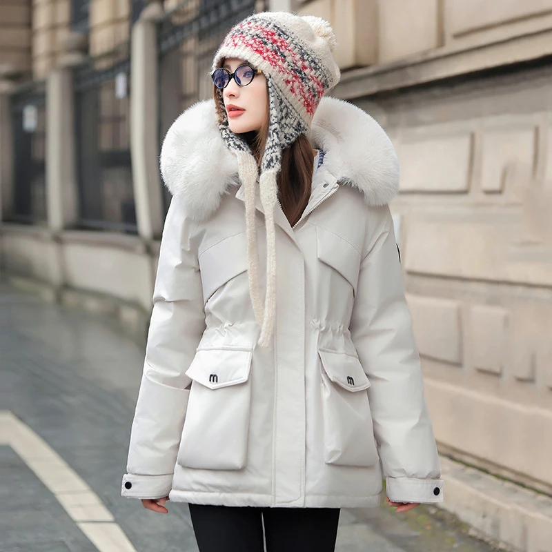 Nowe damskie parki europejsko-amerykańskie, zimowe kurtki puchowe z bawełnianą wyściółką, długie, luźne, grube, ciepłe płaszcze robocze, modna odzież wierzchnia.