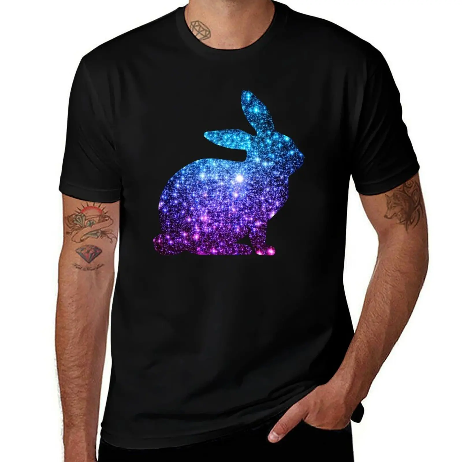 Teal and Purple Ombre Faux Glitter Easter Bunny T-Shirt Big and Tall Loose Fit T-Shirt
