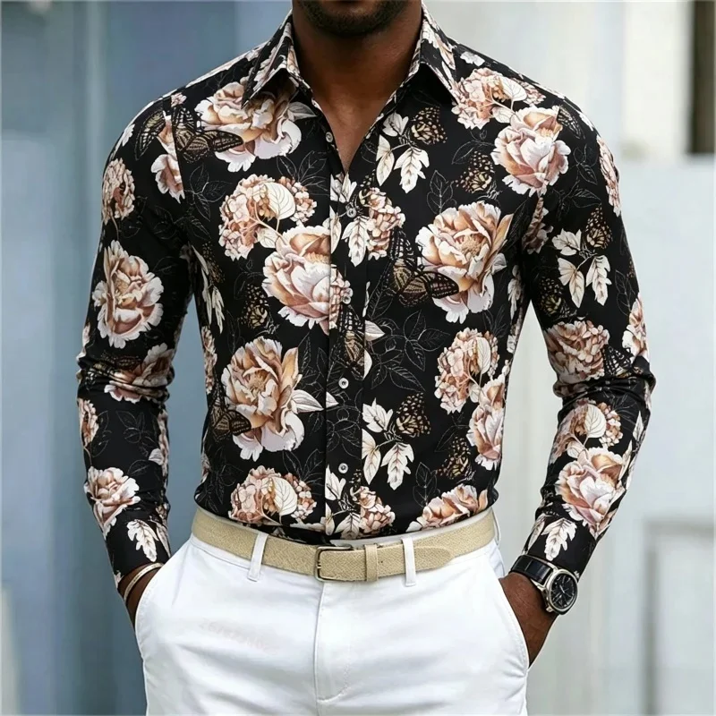 Men's shirt retro floral shirt black base coffee color peony butterfly print slim fit long sleeved shirt street style trendy top