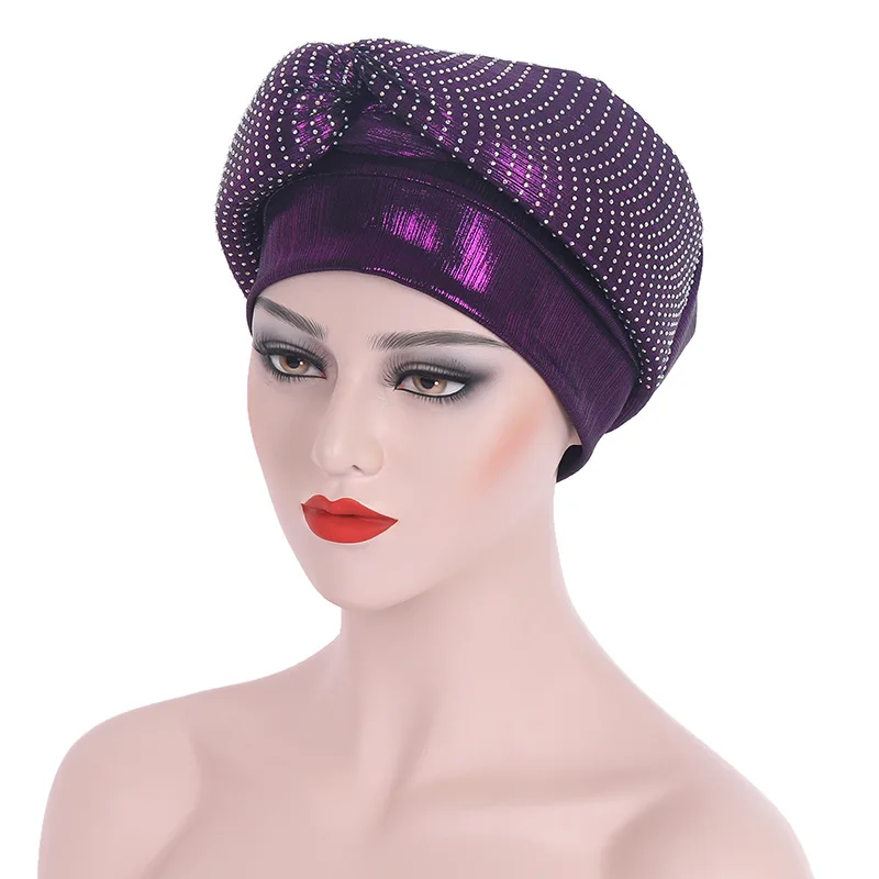 Rhinestones Turban Caps for Woman Shinning Diamonds African Headtie Auto Geles Muslim Head Wraps Female Party Headpiece