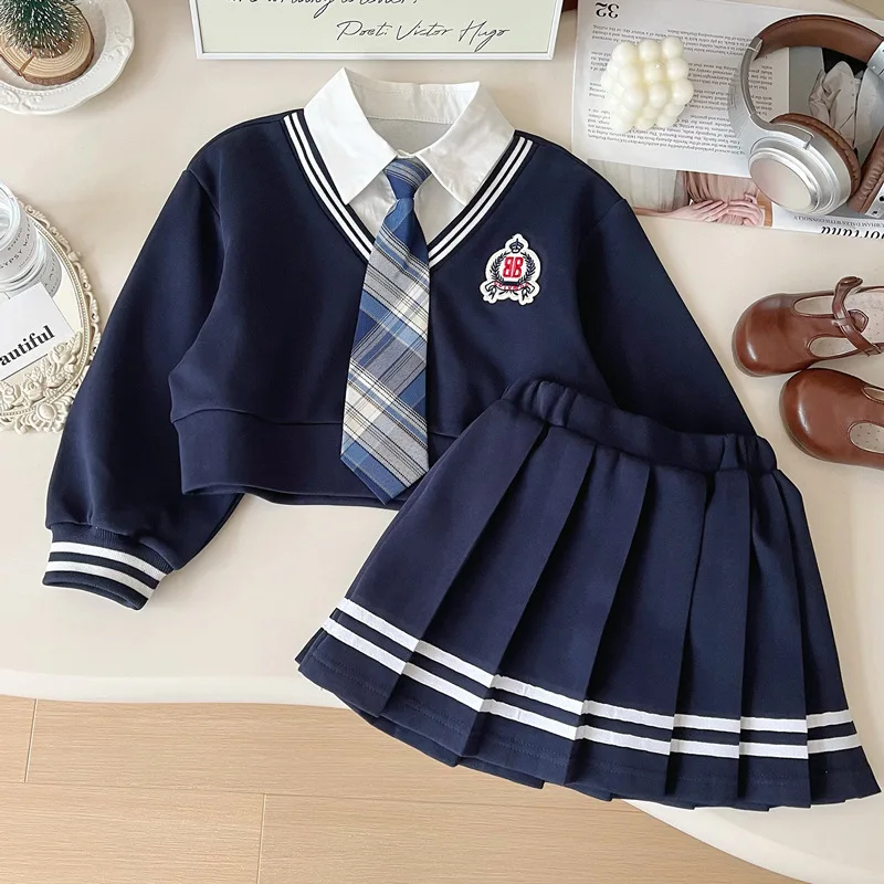 

2025 New Girls School Uniform Style Outfit Autumn Spring Two-Piece Set with Pleated Skirt & Fake Layered Top Children's Clothes