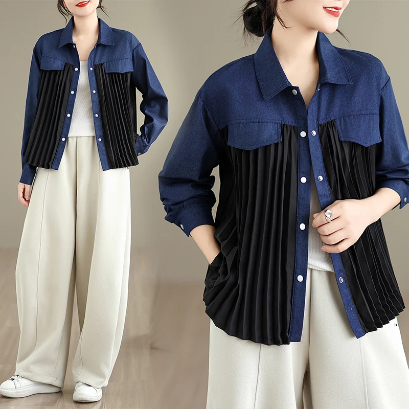 

Slimming plus Size Women's Denim irt Pleated Skirt Design Spring Autumn New Sle Commute Faion Long Sve Collar Top