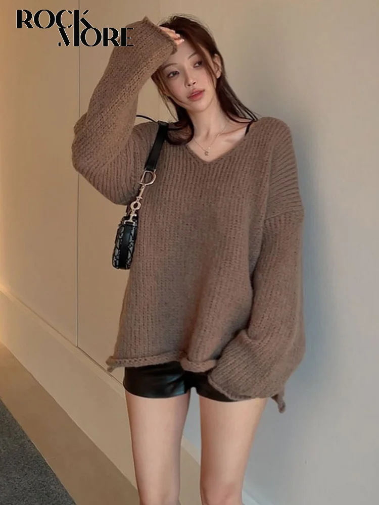 Rockmore Brown V-neck Sweaters Autumn Retro Knitted Jumper Tops Y2K Harajuku Casual Women Basic Loose Pullover Korean Style 2024