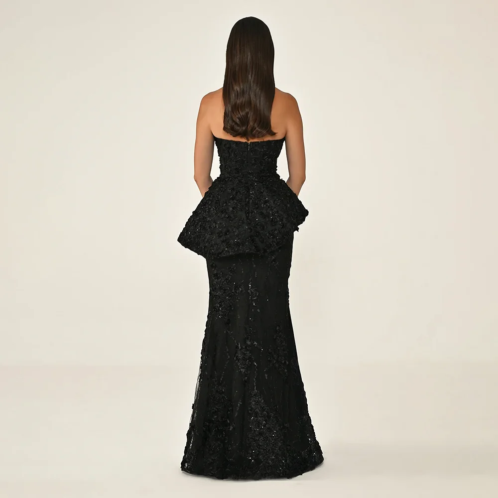Schwarzes Abendkleid mit Spitzenapplikationen, maßgeschneidert, trägerlos, Meerjungfrau, rückenfrei, bodenlang, formelle Partykleider, maßgeschneidert – Detail 2