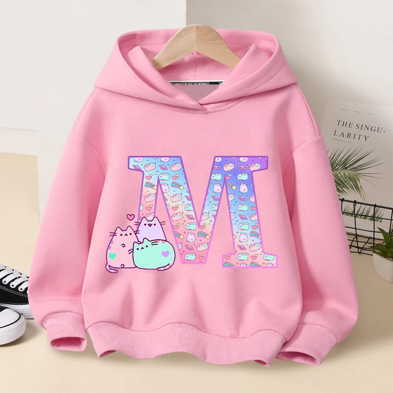 Pusheens Cute Hoodies Girls Anime Cat Letter A-Z Sweatshirt Kids Winter Thickening Warm Pullover Children Clothes Gift Hot Sales