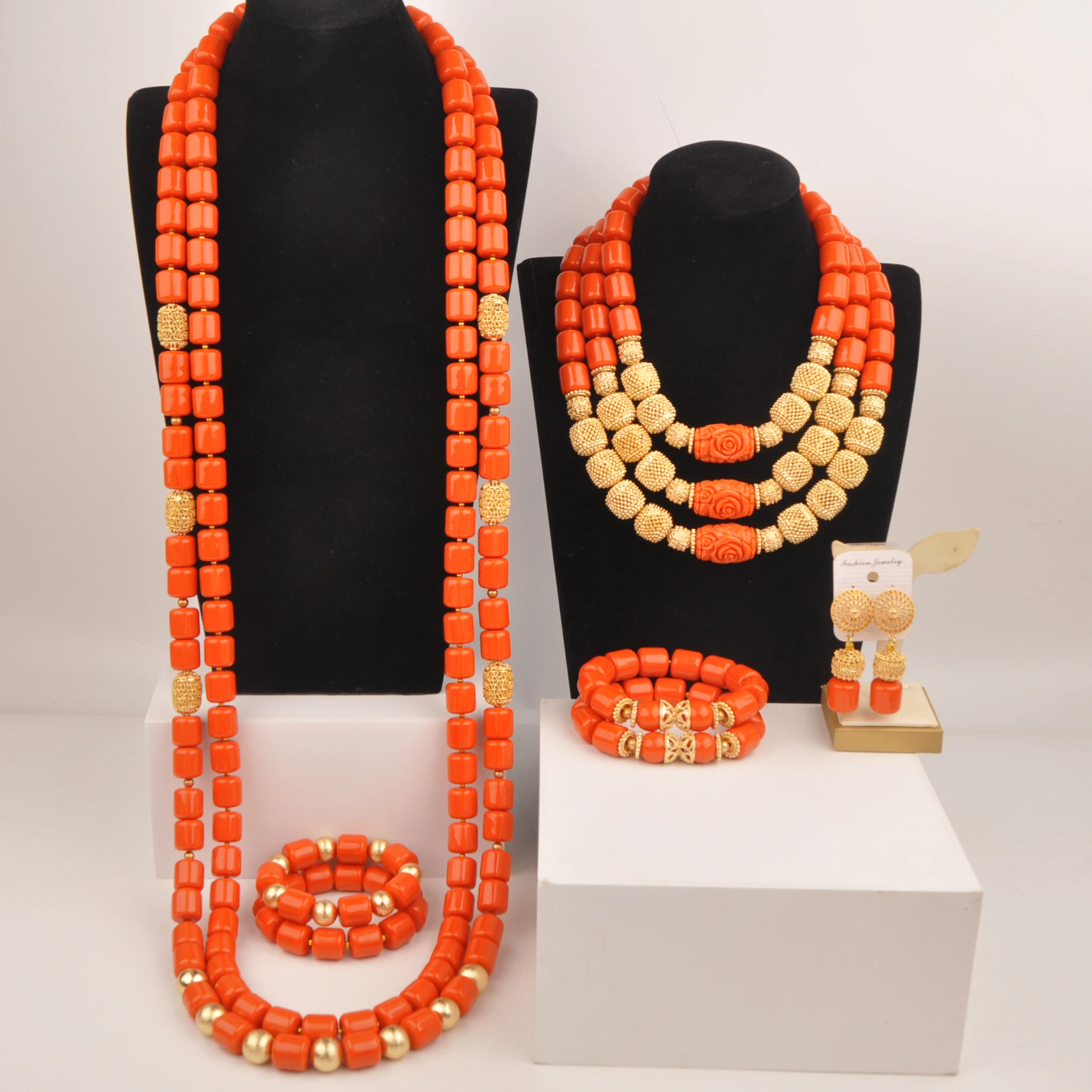 Nigerian Couple Wedding Jewelry Orange Artificial Coral Bead African Necklace Sets