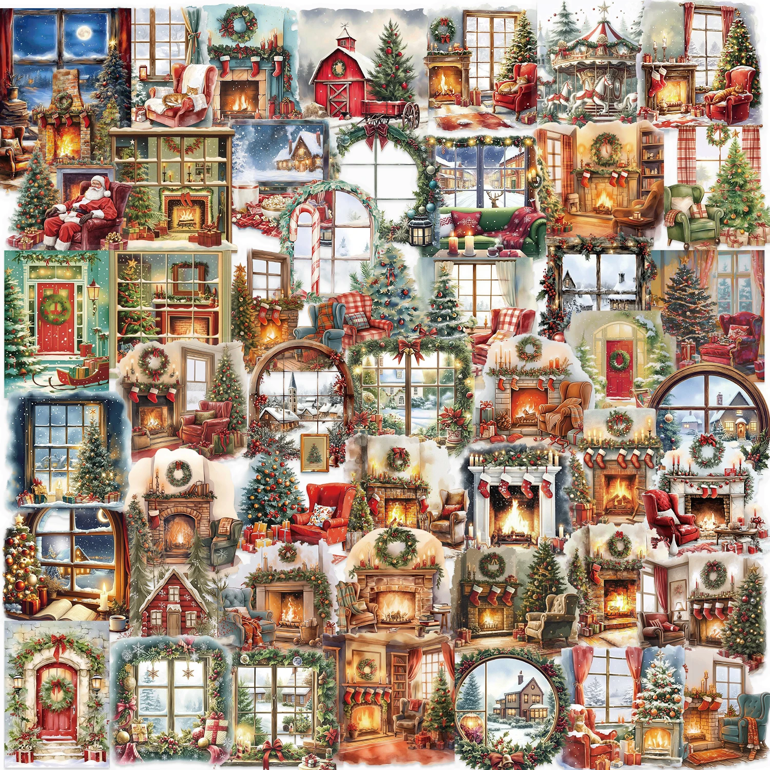 50 pezzi di scena natalizia per acquerello, adesivi trasparenti per graffiti della vigilia di Natale, decalcomanie decorative impermeabili per regali per feste per bambini