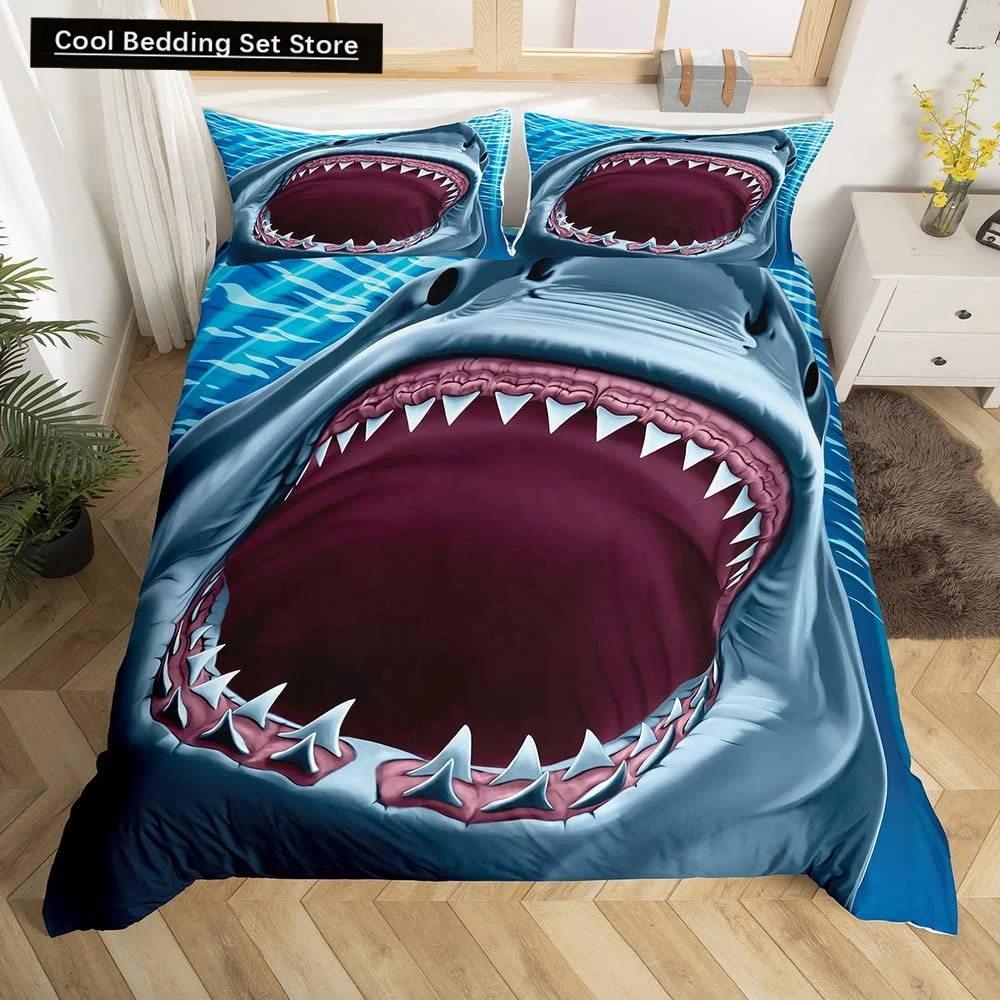 Cartoon Shark King Queen Duvet Cover Blue Ocean Animal Theme Bedding Set for Kids Boys Girls Sealife 2/3pcs Soft Comforter Cover