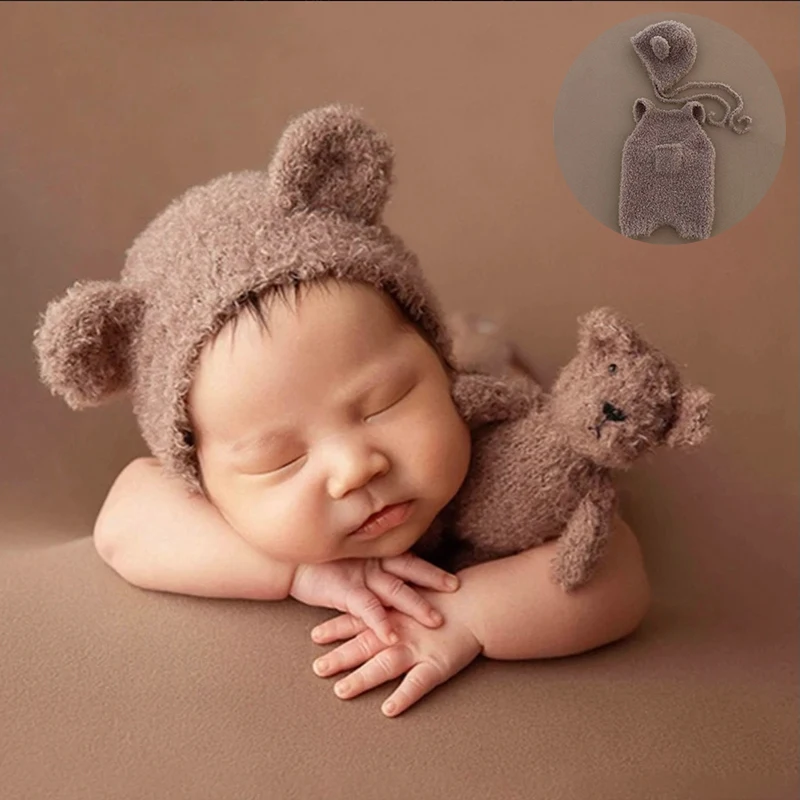 Hand-Crocheted Baby Photography Outfit Cute Bear Style Jumpsuit + Hat 2 Pcs/Set Baby Boy Girl Soft Plush Photography Costumes