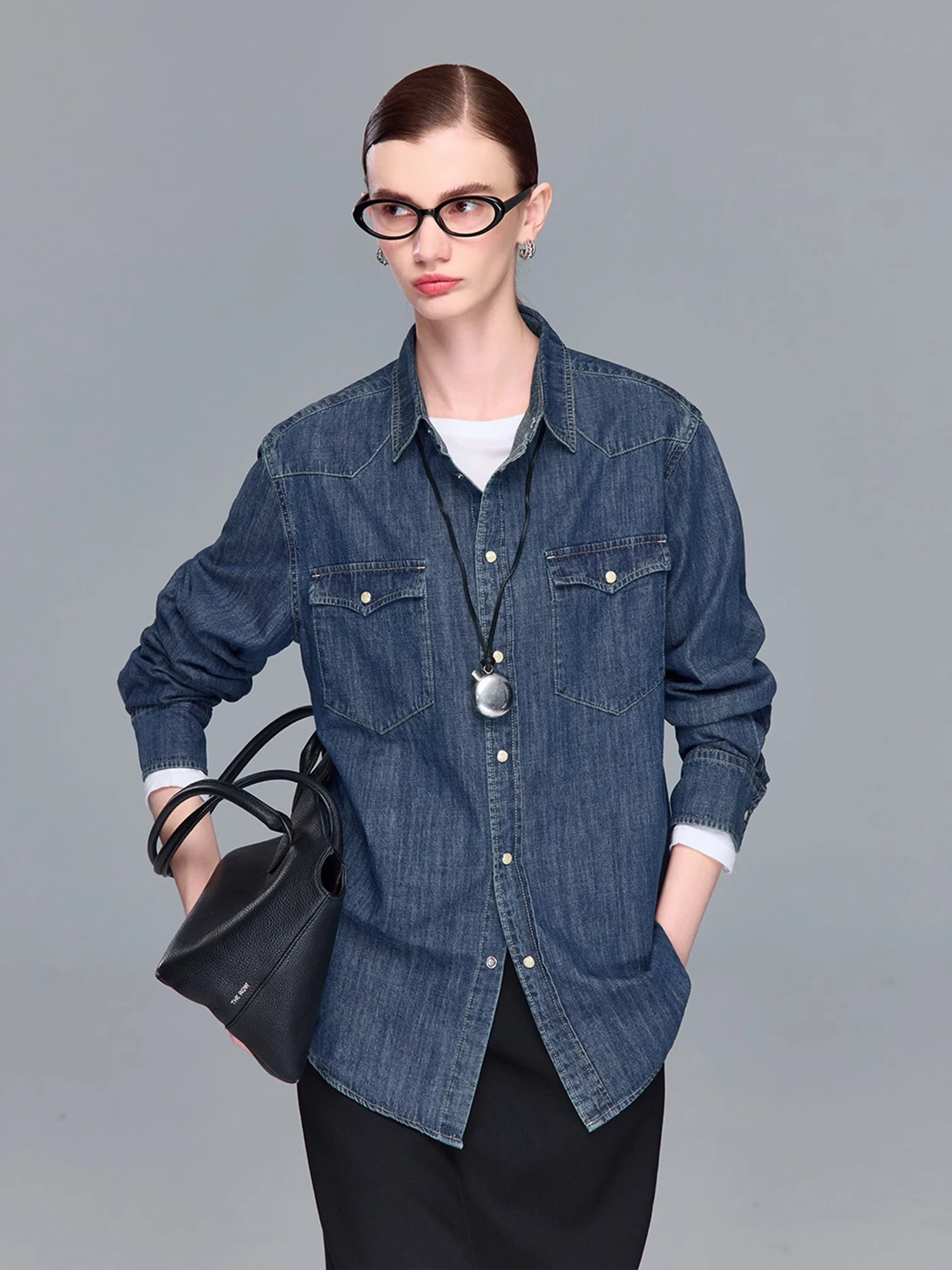 

Retro Modern Classic Enzyme Waed Fitted Collar Double ket Denim irt Women's Cotton Long Sve Regular Length Pure Color