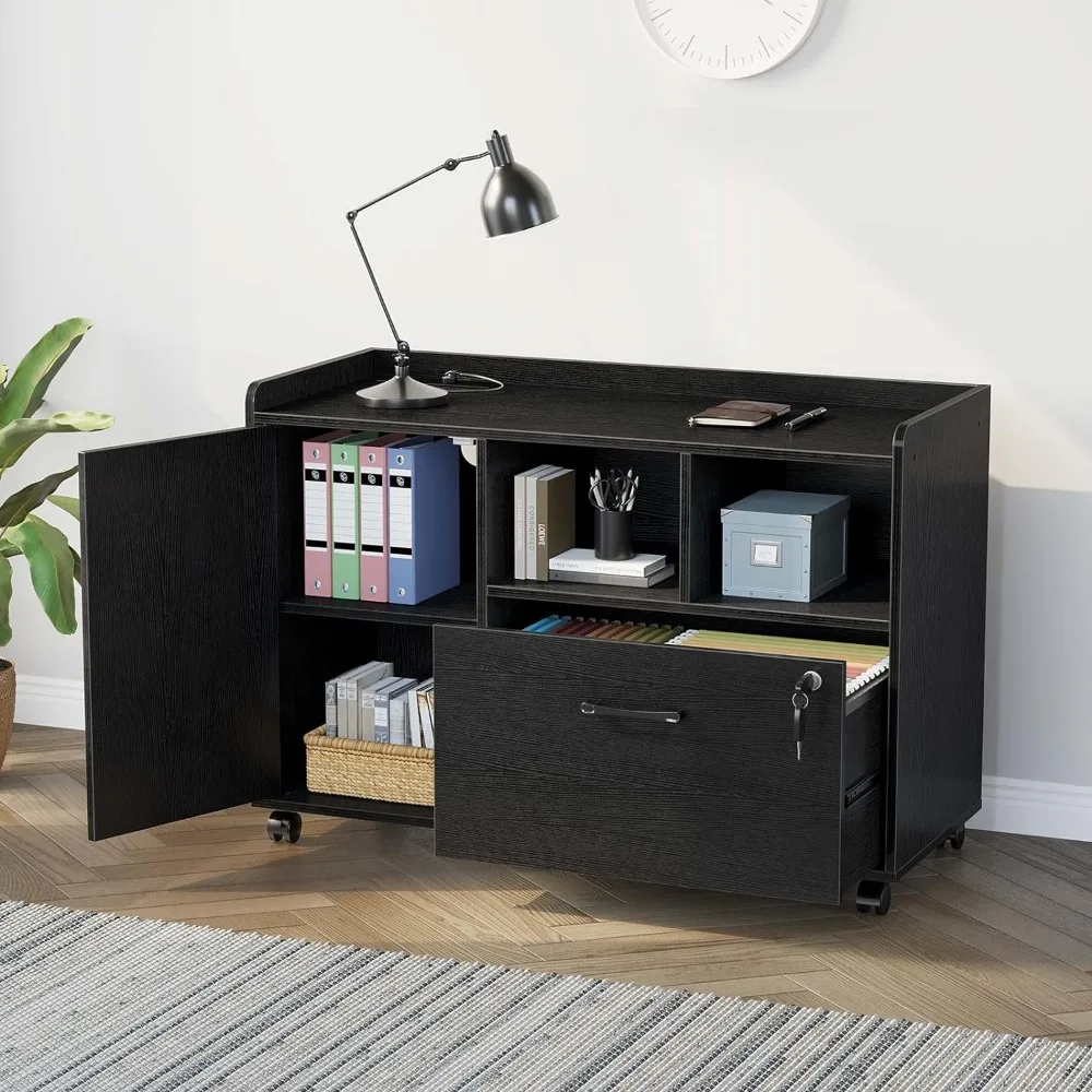 File cabinet for charging station,mobile side file cabinet with locked drawers,printer bracketwith open storage rack with wheels