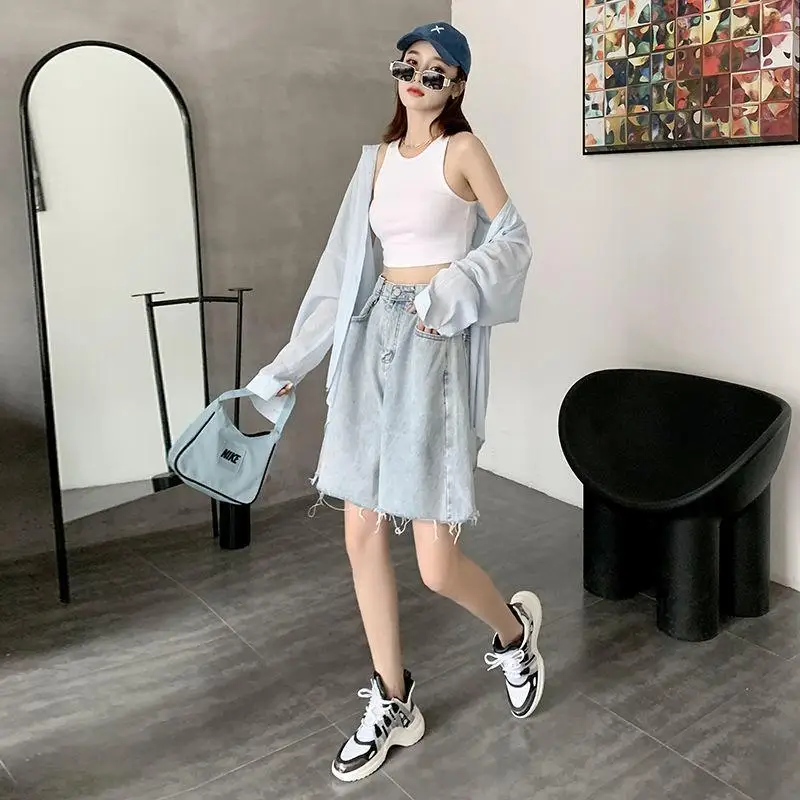 Unisex Retro Denim Shorts für Frauen 2024 schlanke Sommer hoch taillierte lose drapierte gerade Bein abnehmen fünfteilige Hose mit weitem Bein