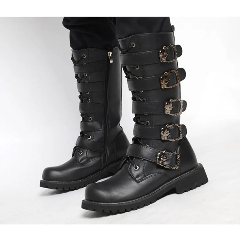 Men\'s PU Leather Motorcycle Boots High Over the Knee Military Combat Boots Gothic Belt Punk Boots Men Shoes Tactical Army Boot