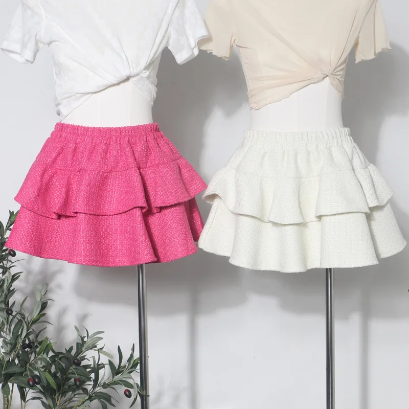 여성용 신축성 있는 허리 트위드 케이크 A라인 플러피 스커트