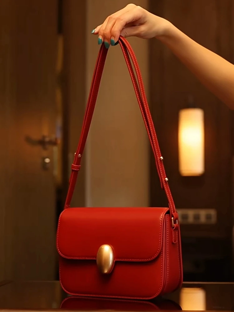 Red New Fashion Simple Lock Genuine Leather Women Box Bag\Handbag Real Leather Lady Tote Shoulder Underarm Crossbody Bag