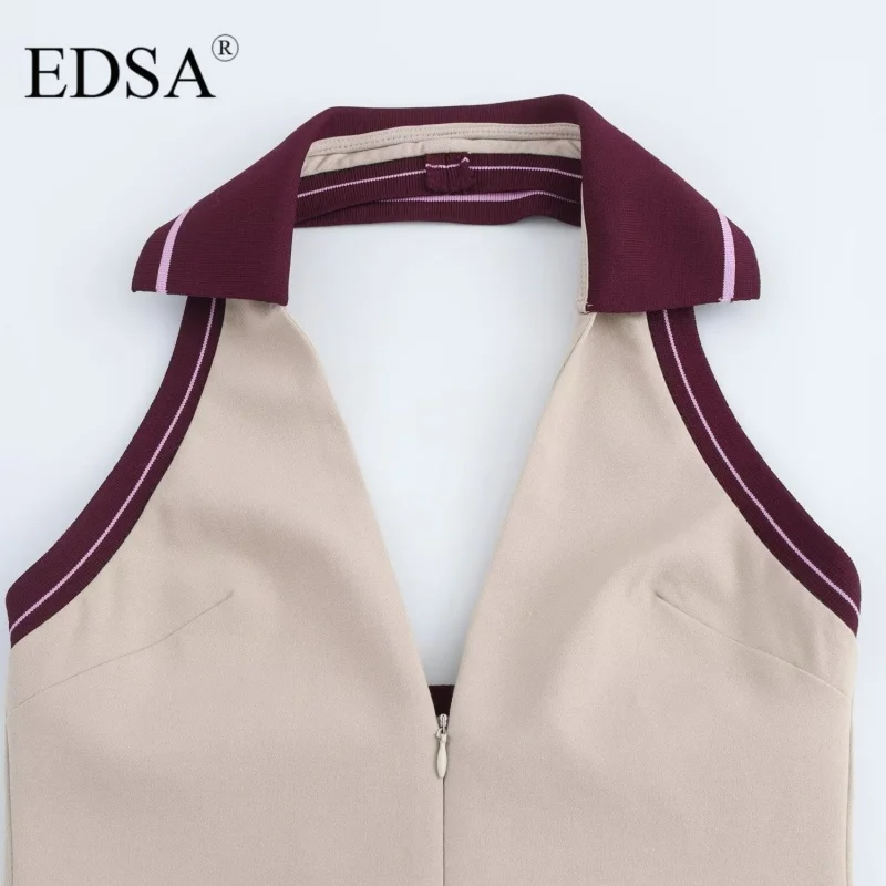 EDSA-Mini robe rayée pour femme, col en V, dos ouvert, fermeture éclair sur le devant