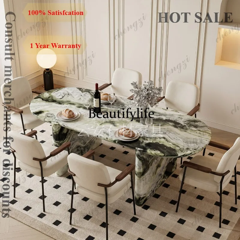 D1089 Nordic light luxury high-grade natural green marble oval dining table Villa hotel dining table negotiation table
