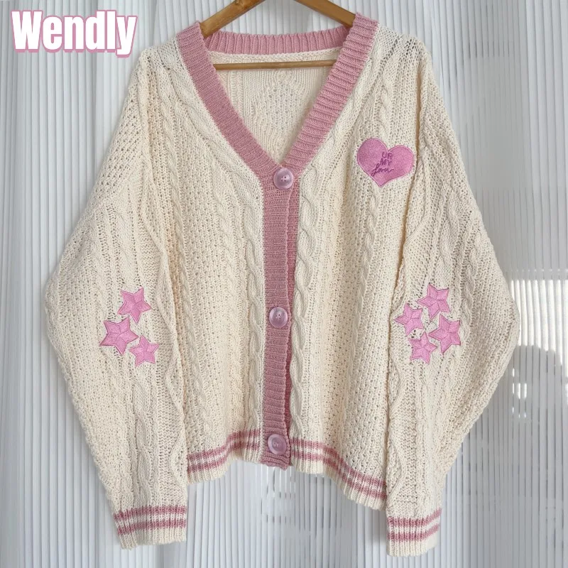 Autumn Winter Pink Cardigans with Lover Embroidery Female Fashion Heart Knitted Cardigan Women V-neck Sweaters Sweet Girl Tops