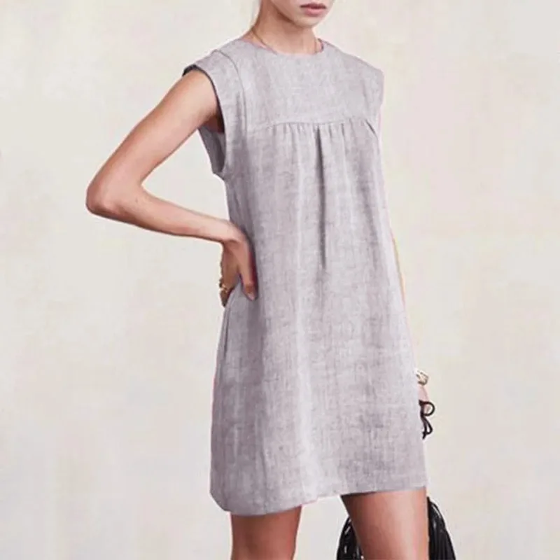 

Summer Holiday Dress for Women Casual O Neck Sleeveless Solid Color Cotton Linen Folds Sundress Loose Vacation Beach Short Dress