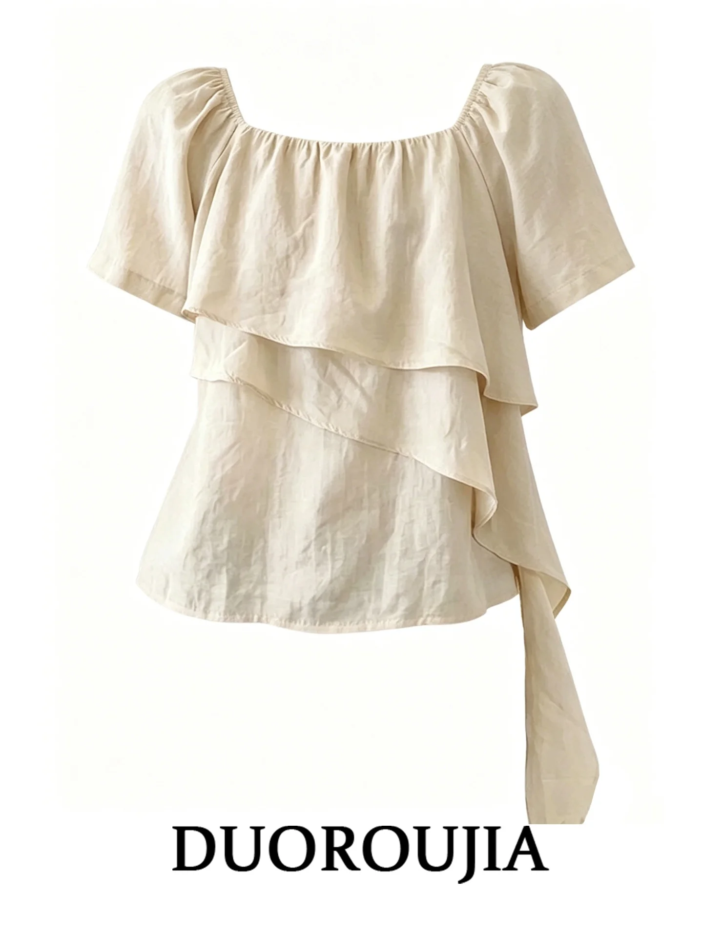 

Duor plus Size Women's Shirt Square Collar Short Sleeve Loose Fit Slimming Design Korean Style Summer Top Leaf Detail