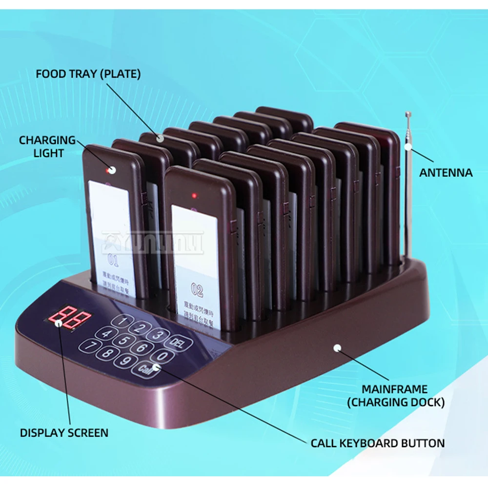 Беспроводной ресторанный пейджер с 20 шт. вибрационным пейджером для ресторанов и кафе