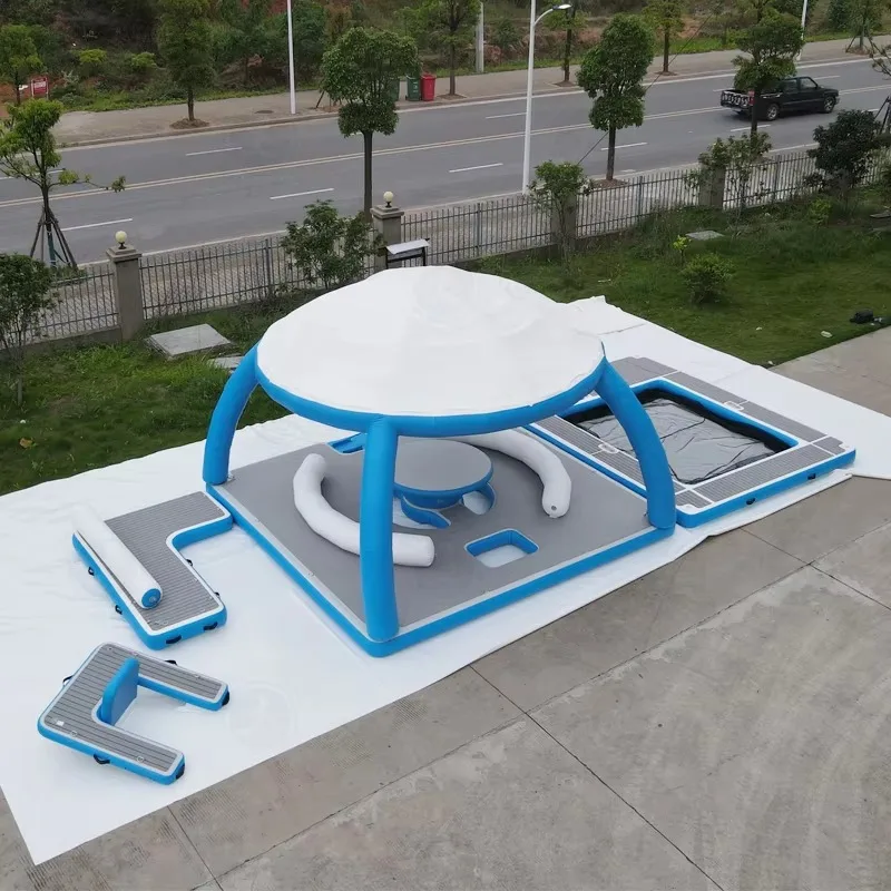 Inflatable Water Platform with Sunshade Floating Island Sea Pool for Family Water Parks Yacht Owners Leisure Enthusiasts