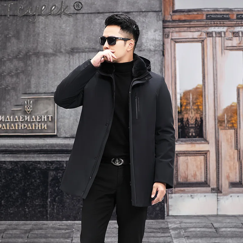 Tcyeek Real Mink Fur Coats Winter Warm Mens Fur Parka Slim Fashion Men Clothes Black Mid-length Jacket Korean Casaco Masculino