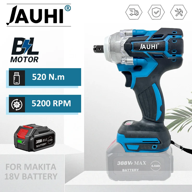 JAUHI 520N.M Cordless Electric Wrench Brushless Electric Impact Wrench 1/2 inch for Makita 18V Battery Screwdriver Power Tools