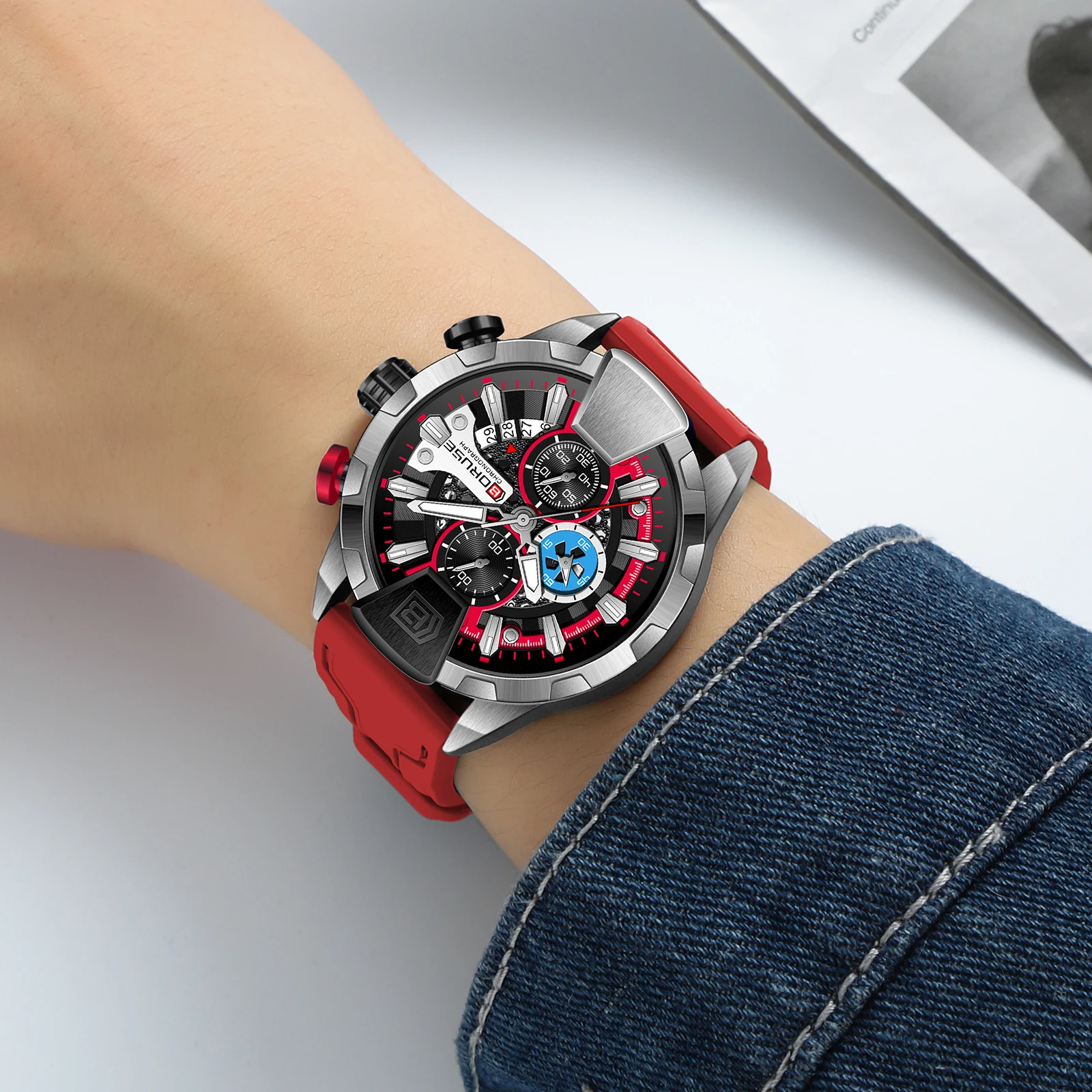 BORUSE Watches Men Red Waterproof Chronograph Watch Mens Business Wristwatch Calendar Clock Relogio Masculino The perfect gift