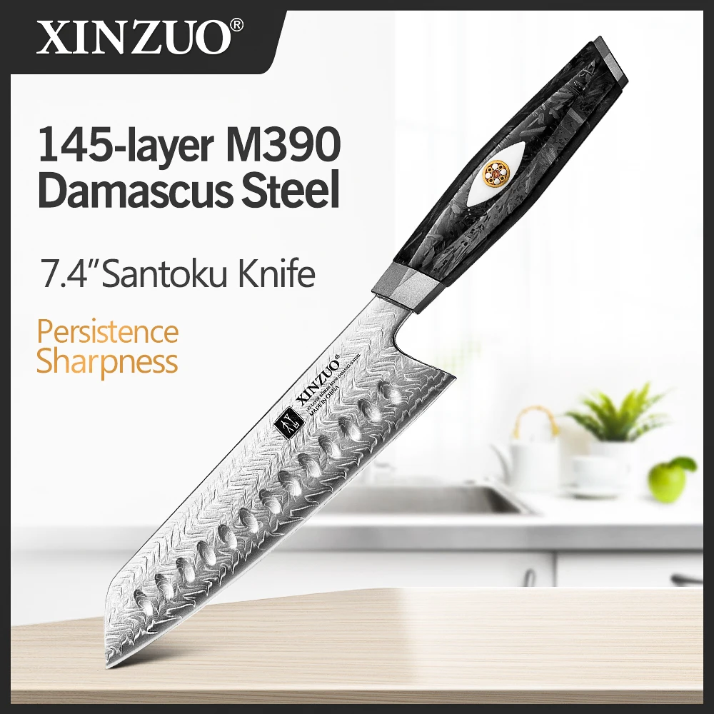 Нож XINZUO 7,4 дюйма в Santoku, высококачественный 14-слойный дамасский кухонный нож, порошковый стальной сердечник с изысканной деревянной коробкой, подарочная коробка Нож XINZUO 7,4 дюйма в Santoku, высококачественный 14-слойный дамасский кухонный нож, порошковый стальной сердечник с изысканной деревянной коробкой, подарочная коробка