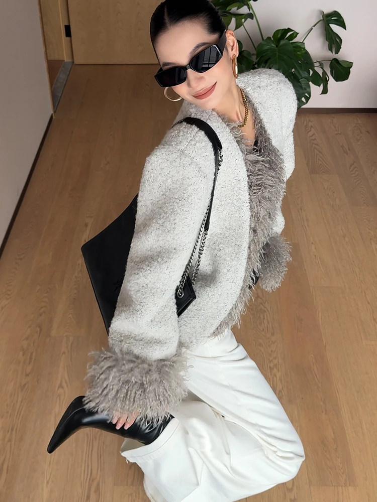 

CIZZLEMORE Модное шерстяное пальто с отстегивающимися меховыми манжетами, короткая женская куртка в стиле маленькой французской моды