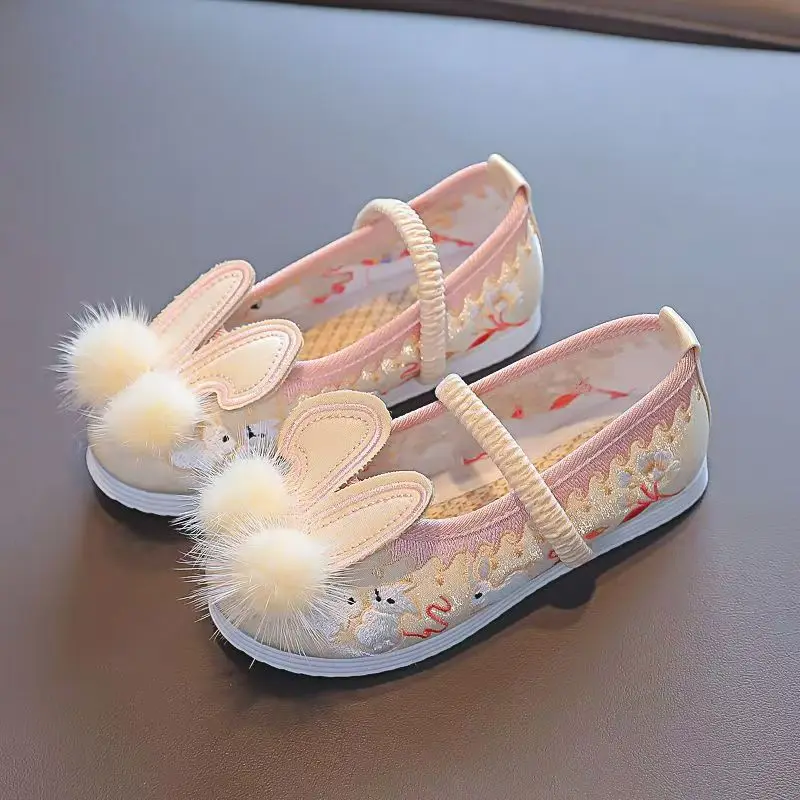 Girl's Flat Sole Embroidered Princess Shoes Spring Summer New Soft sole Round Toe Shallow Slip On Ethnic Style Hanfu Shoes