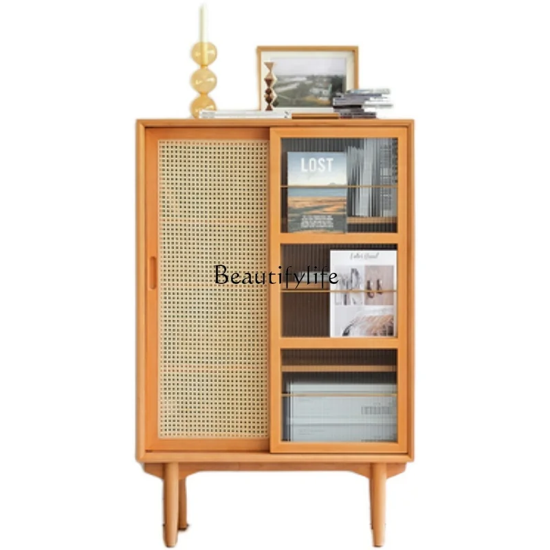 

Nordic Solid Wood Rattan Bookcase with Door Glass Magazine Cabinet