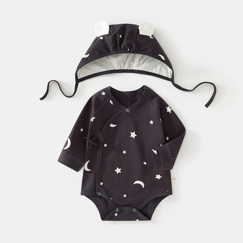 Baby Long Sleeve Butt Wrap Clothes Spring and Autumn Baby Triangle Rompers Cotton Newborn Jumpsuit Send Hat Class a Romper