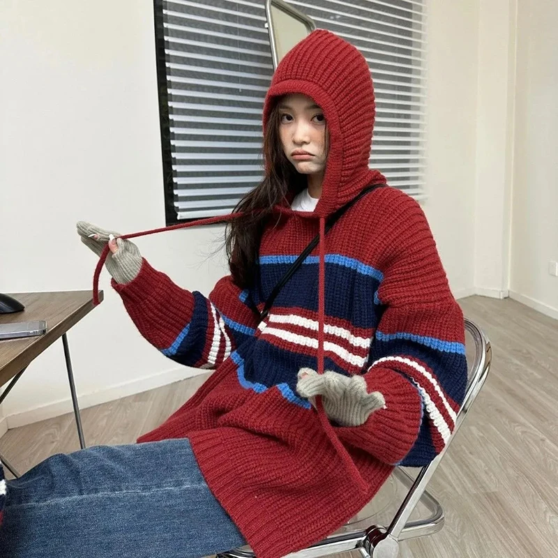 

MEXZT Harajuku Hooded Striped Sweater Women Streetwear Oversized Knitted Pullovers Korean Casual Jumpers Vintage Loose Knitwear