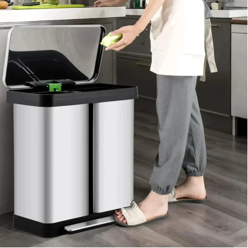 Mülleimer 72L (2x36L) Küche, Mülltrennsystem 2 Fächer |   Edelstahl-Mülleimer mit Müllbeutelhalter, Geruchsdichter Abfalltrenner für Küche und Büro, Silber