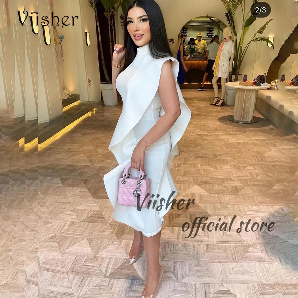 

Viisher White Mermaid Evening Dresses Ruffles Satin High Neck Dubai Prom Party Dress Outfits Tea Length Formal Gowns