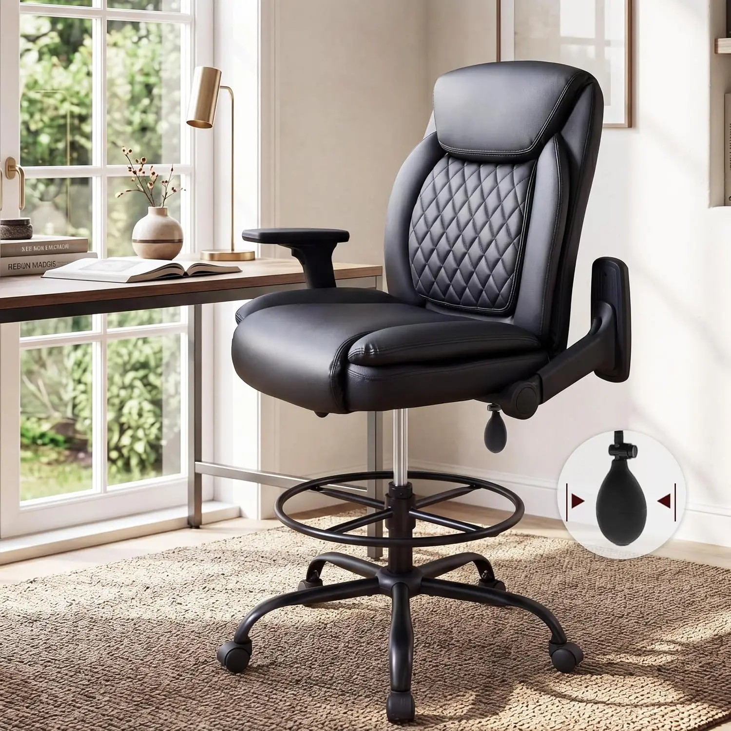 Drafting Chair Flip-up Armrests Adjustable Foot Ring Inflatable Lumbar Swivel PU Stool Counter Desk Drawing, Customized