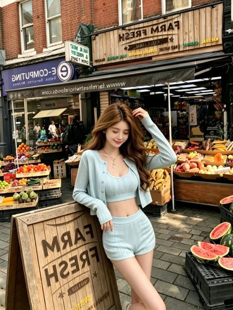 

Korean Style Vintage Knitted Cardigan Strap Short Pants Set Women Summer New Slimming Three-piece Set Breathable Long Sleeve