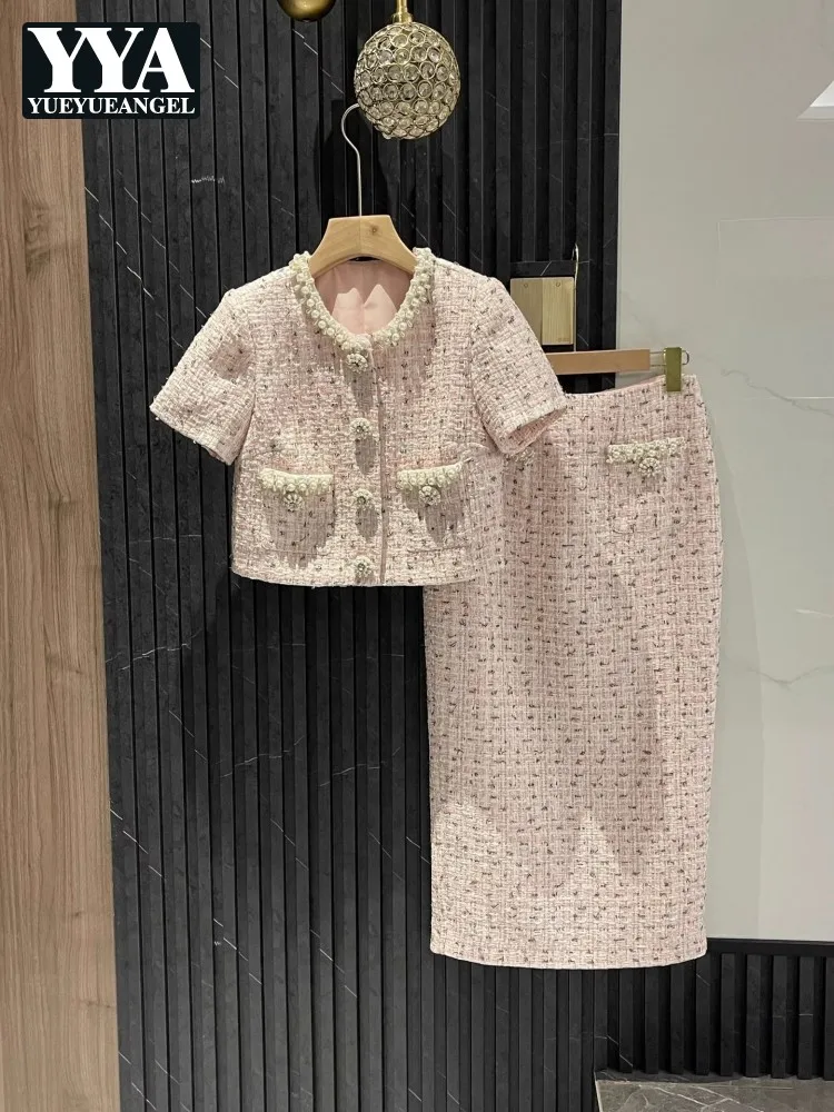 

Autumn Spring Beading Diamond Button Women Tweed Jacket Outfits Mid-Calf Length Skirt Sets O-Neck Party Short Coat Two Piece Set