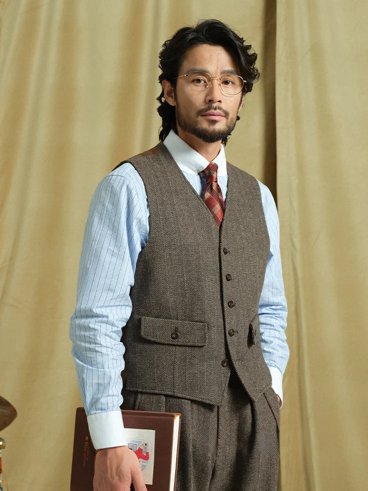 

Классический мужской жилет Cultum Thiened из шерсти в стиле ретро с двойными карманами и узором «Принц Уэльский», повседневный деловой стиль