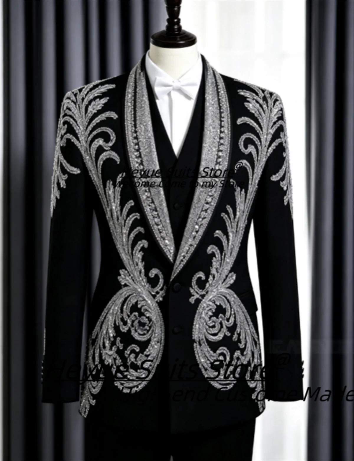 Luxury Hand Beaded Silver Embroidery Men Suits  Formal Black Shawl Lapel Wedding Groom Tuxedos 3 Pieces Sets Male Party Blazers